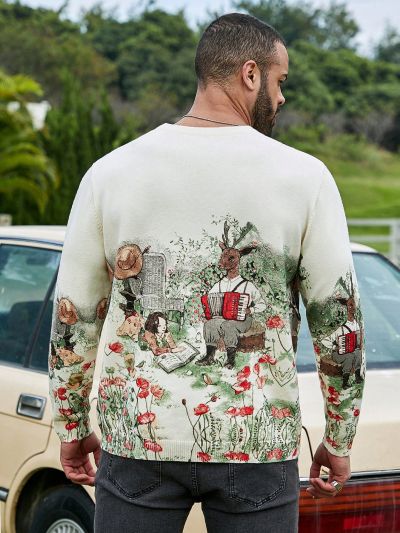 Extended Sizes Men'S Plus Size Cartoon Pattern Long Sleeve Sweater
