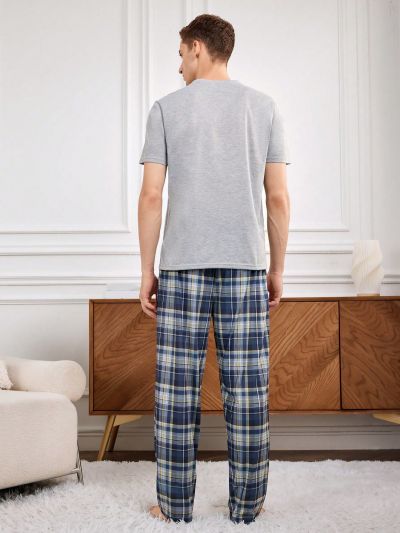Men's Battery & Letter Printed Top And Plaid Pants Homewear Set