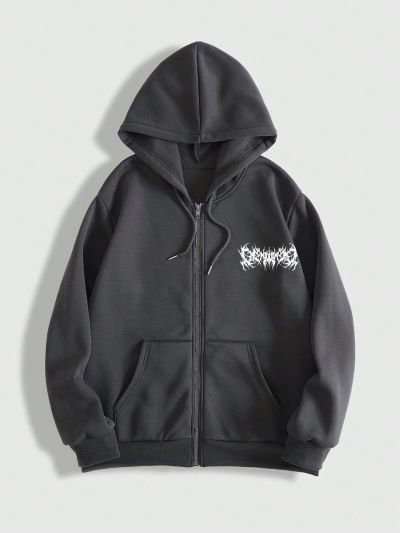 ROMWE Goth Men's Skull Letter Drawstring Hooded Sweatshirt