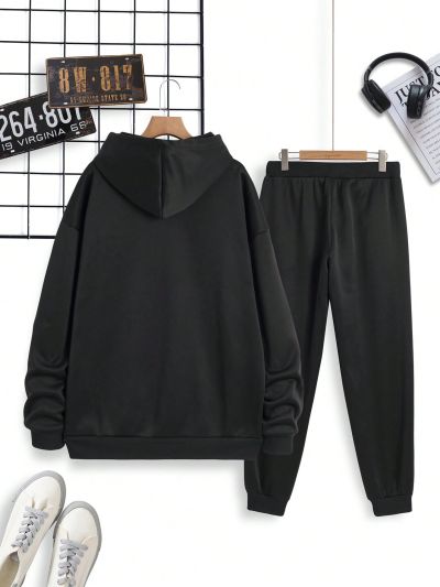 Men's Letter Printed Hoodie & Sweatpants Set With Drawstring
