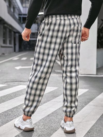 Manfinity Homme Men's Large Size Grid Pattern Drawstring Waist & Cuffed Long Pants