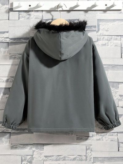 SHEIN Kids SPRTY Boys' Loose Fit Letter Printed Hooded Fleece Lined Woven Jacket For Sporty Look