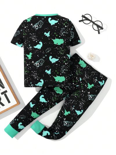 SHEIN Toddler Boys' Tight-Fitting Casual Round Neck Fluorescent T-Shirt And Pants Pajamas Set