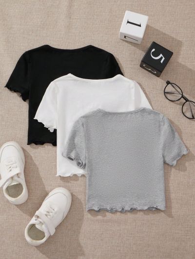 SHEIN Kids Cooltwn 3pcs/Set Young Girls' Casual Knit Solid Color Short Sleeve Round Neck Top For Spring And Summer