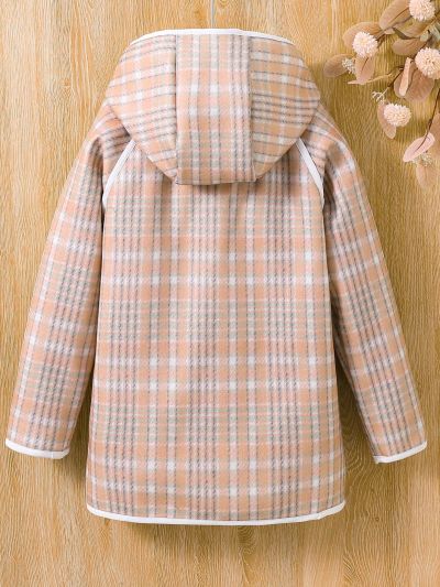 SHEIN Kids EVRYDAY Korean Style Horn Button Plaid Wool For Older Girls
