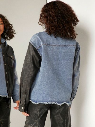 LARAMEE Mixed Media PU Leather Denim Jacket