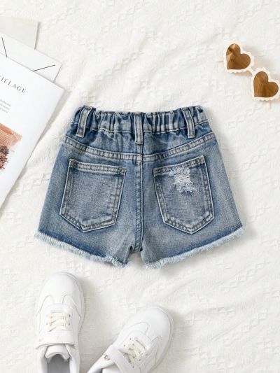 Toddler Girls' Light-washed Blue Denim Shorts With Butterfly Embroidery, Distressed & Frayed Hemline