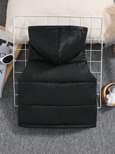 SHEIN Kids EVRYDAY Young Boys' Casual Zipper Hooded Vest Puffer Coat, Streetwear Style, Loose Fit, Winter, Warm Outerwear