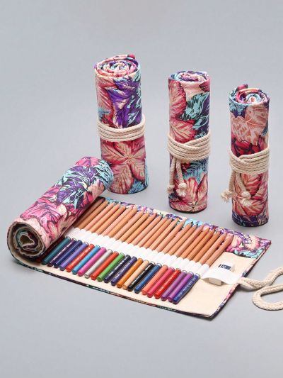 1 24-hole Color Maple Leaf Handmade Canvas Pen Curtain Painting Special Pencil Bag Sketch Color Pencil Storage Bag