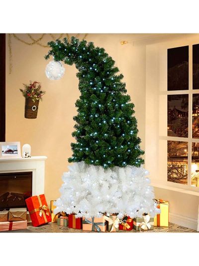 6FT Hinged Fir Artificial Fir Bent Top Christmas Tree, Xmas Tree Bendable Santa Hat Style Christmas Tree Holiday Decoration, 1250 Lush Branch Tips, 300 LED Lights X-mas