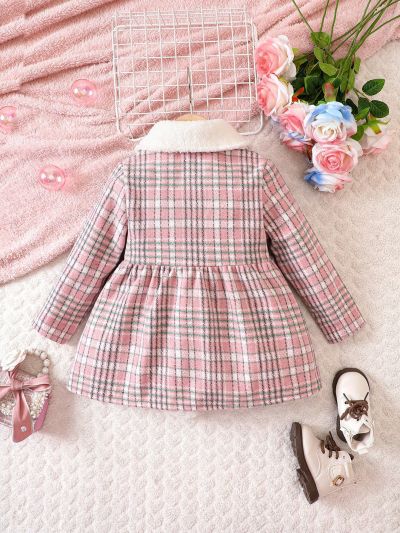 SHEIN Kids FANZEY Young Girl Plaid Print Borg Collar Duffle Overcoat