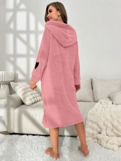 Heart Pattern Drop Shoulder Hooded Flannel Sleep Robe