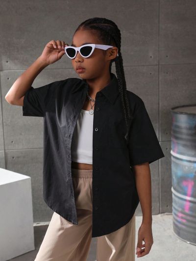 SHEIN Kids Cooltwn Tween Girls' Woven Loose Fit Short Sleeve Casual Shirt With Slogan Print And Swing Hemline