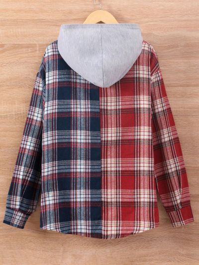 Teenage Girls' Hooded Plaid Patchwork Shirt