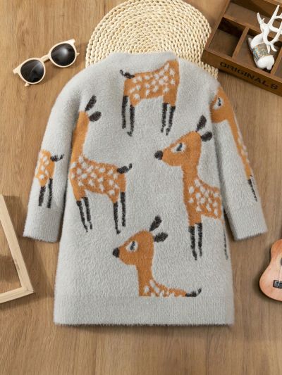 Girls' Cartoon Deer Design Warm Sweater Dress For Fall And Winter