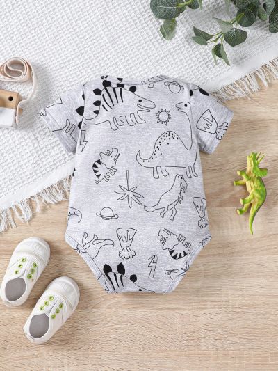 Baby Boys' Simple Cartoon Dinosaur Pattern Short Sleeve Romper With Round Neck For Summer