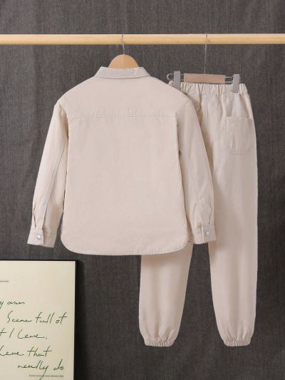 Boys' Casual Comfortable Loose Fit Long Sleeve Denim Shirt And Jeans Set With Double Pockets