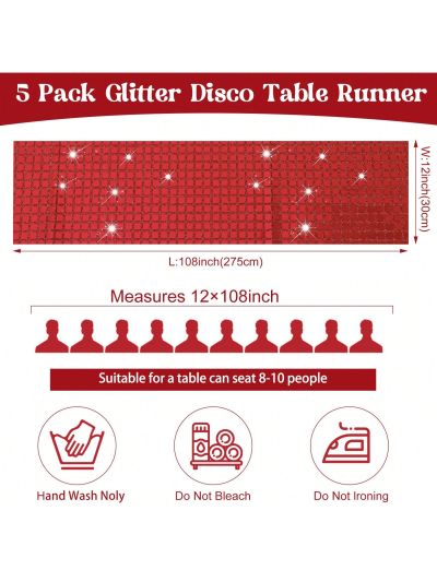 5 Pack 12 x 108 Inch Disco Table Runner Glitter Sequin Mirror Foil Table Runner for 70s 80s Disco Theme Party Birthday Wedding Event Table Decorations
