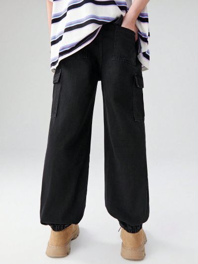 Street Cool Balloon Cargo Jeans For Teen Boys, With Wrinkled Details, Waist & Cuff Drawstrings