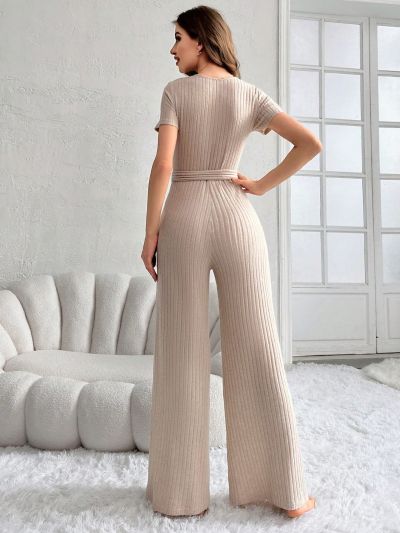Women's Ribbed Short Sleeve Jumpsuit With Belt, Home Wear