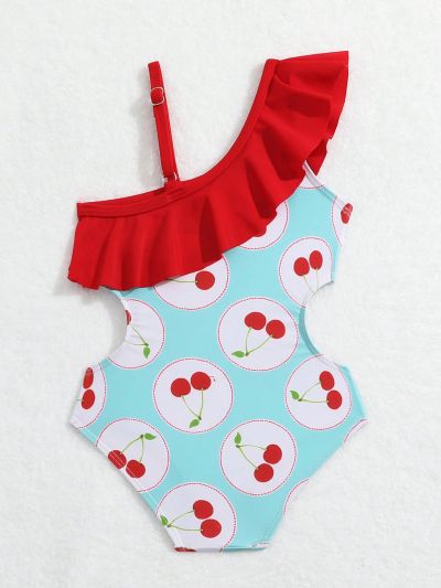 Infant Girls' Cherry Pattern One Piece Swimsuit With Ruffled Hem