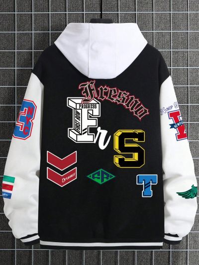 Extended Sizes Men Plus 1pc Slogan Graphic Colorblock Striped Trim Varsity Jacket