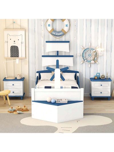 3-Pieces Bedroom Sets,Twin Size Boat-Shaped Platform Bed with Trundle and Two Nightstands