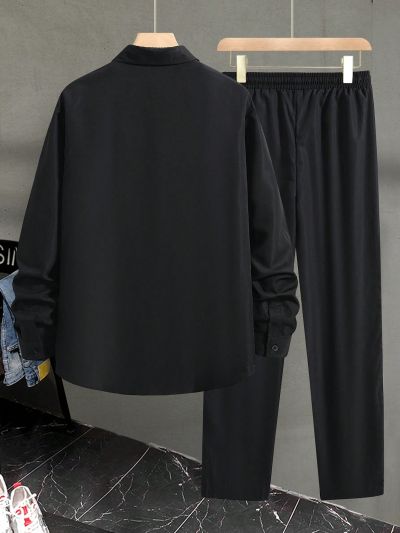 Manfinity 2pcs/set Men's Solid Color Single-breasted Coat And Trousers Outfit