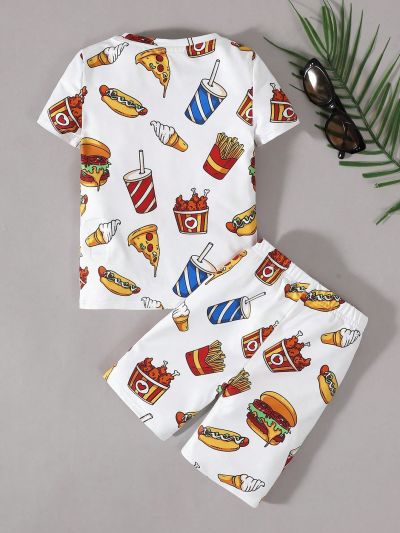 SHEIN Young Boy Tight-Fitting Casual Round Neck Printed Short Sleeve T-Shirt And Shorts Homewear 2pcs Set