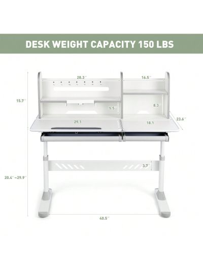 Adjustable Kids Desk with Hutch and Drawers, 40" Wide Multifunction Ergonomic Study Table, with Two Storage Drawer, Tilt Desktop, Height Adjust for Home or School Use, for Girls Boys