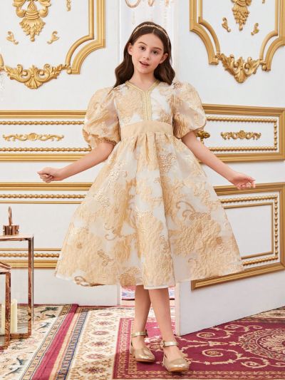 SHEIN Tween Girl's Slim Fit Glamorous V-Neck Dress With Waist Defining A-Line Skirt