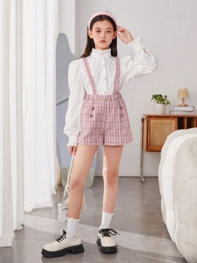 SHEIN Tween Girls Daily Sweet And Cool Tweed Bib Shorts