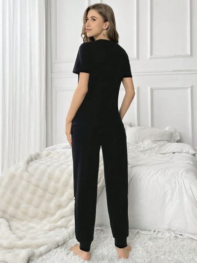 Women'S Slogan Printed Short Sleeve Long Pants Home Wear Set