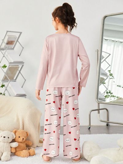 SHEIN 2pcs Teen Girls' Letter & Little Bear Pattern T-shirt And Pants Homewear