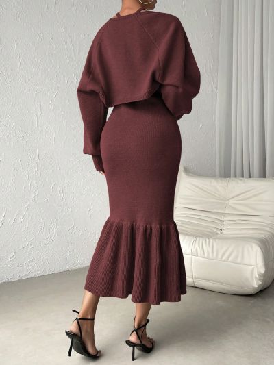 SHEIN Privé Mermaid Style Hem Halter Neck Sweater Dress And Cardigan