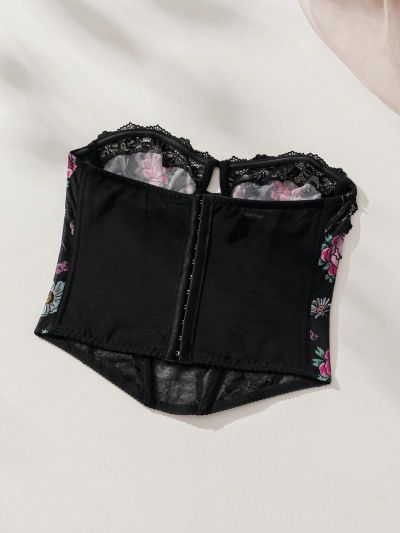 SHEIN Floral Print Contrast Lace Bandeau Underwire Corset Top