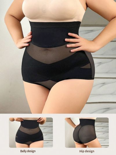 Plus Size Mesh Spliced Tummy Control Shapewear Panties