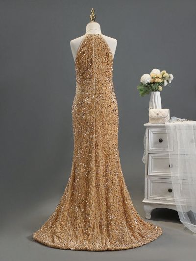 Girls' Shiny Halter Neck Slit Maxi Prom Dress