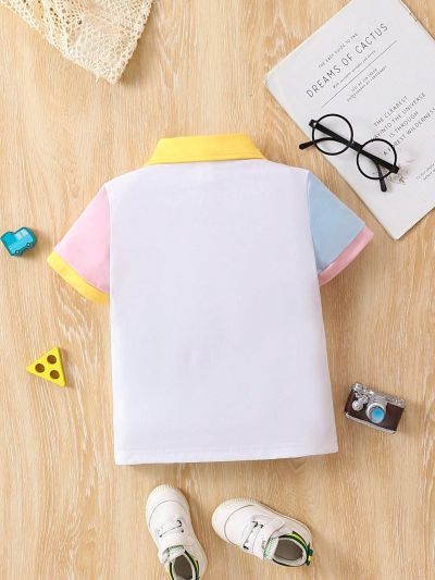 SHEIN Toddler Boys' Sporty Collar Color Block Short Sleeve Polo Shirt For Summer