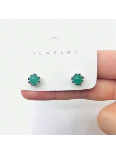 1pair Women's Small Delicate S925 Silver Needle & Nephrite Stud Earrings
