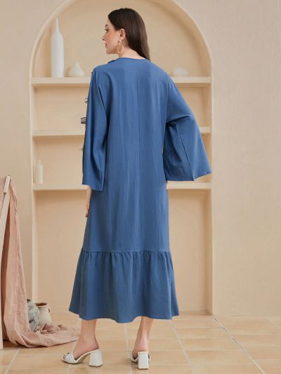 SHEIN Najma Women'S Turkish Traditional Kaftan With Split Long Sleeves And Ruffle Hem