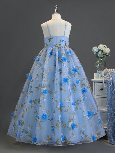 Tween Girls' Dress With Strap, 3d Flower Embellished Tulle Skirt, Ideal For Performance, Wedding, Party, Birthday