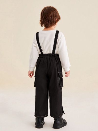 SHEIN Kids EVRYDAY Young Boy Letter Patched Flap Pocket Overalls Without Hoodie