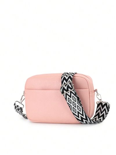 Minimalist Adjustable Wide Shoulder Strap Crossbody Square Bag With Two Pockets