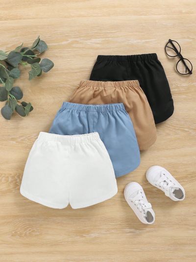 SHEIN 4pcs/Set Unisex Baby Boys' And Girls' Casual Elastic Waistband Letter Print Shorts For Summer