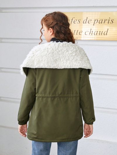 Teen Girls' Casual Outdoor Green Windproof Plush Jacket For Camping And College