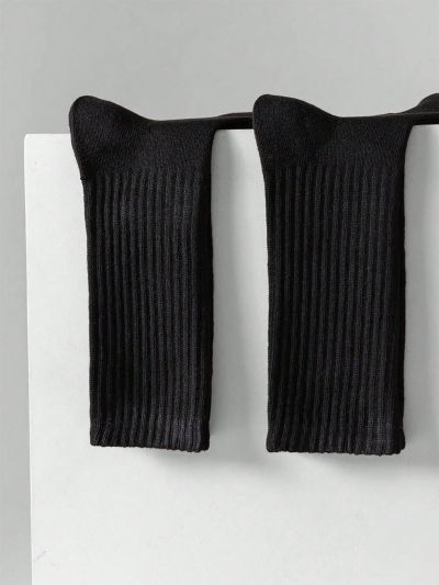 3 Pairs Black Basic Solid Color Pile Socks, Mid-calf Length