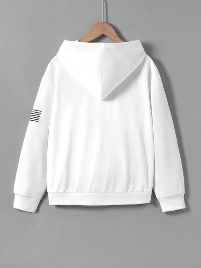 SHEIN Kids Academe Tween Boys' American Flag Printed Casual Hooded Long Sleeve Sweatshirt