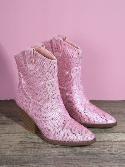 Studded Satin Block Heel Cowboy Boots