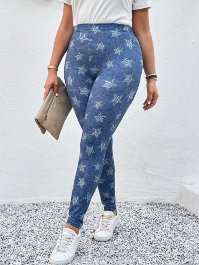 SHEIN LUNE Plus Size Women's Knitted Star Pattern Long High Waist Leggings